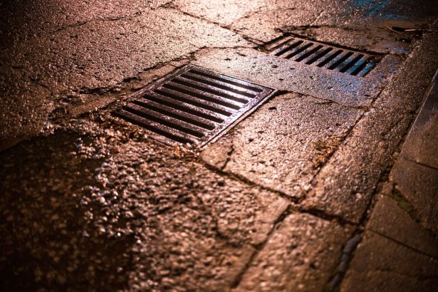 Rua molhada à noite, com grelhas de drenagem refletindo as luzes do entorno.